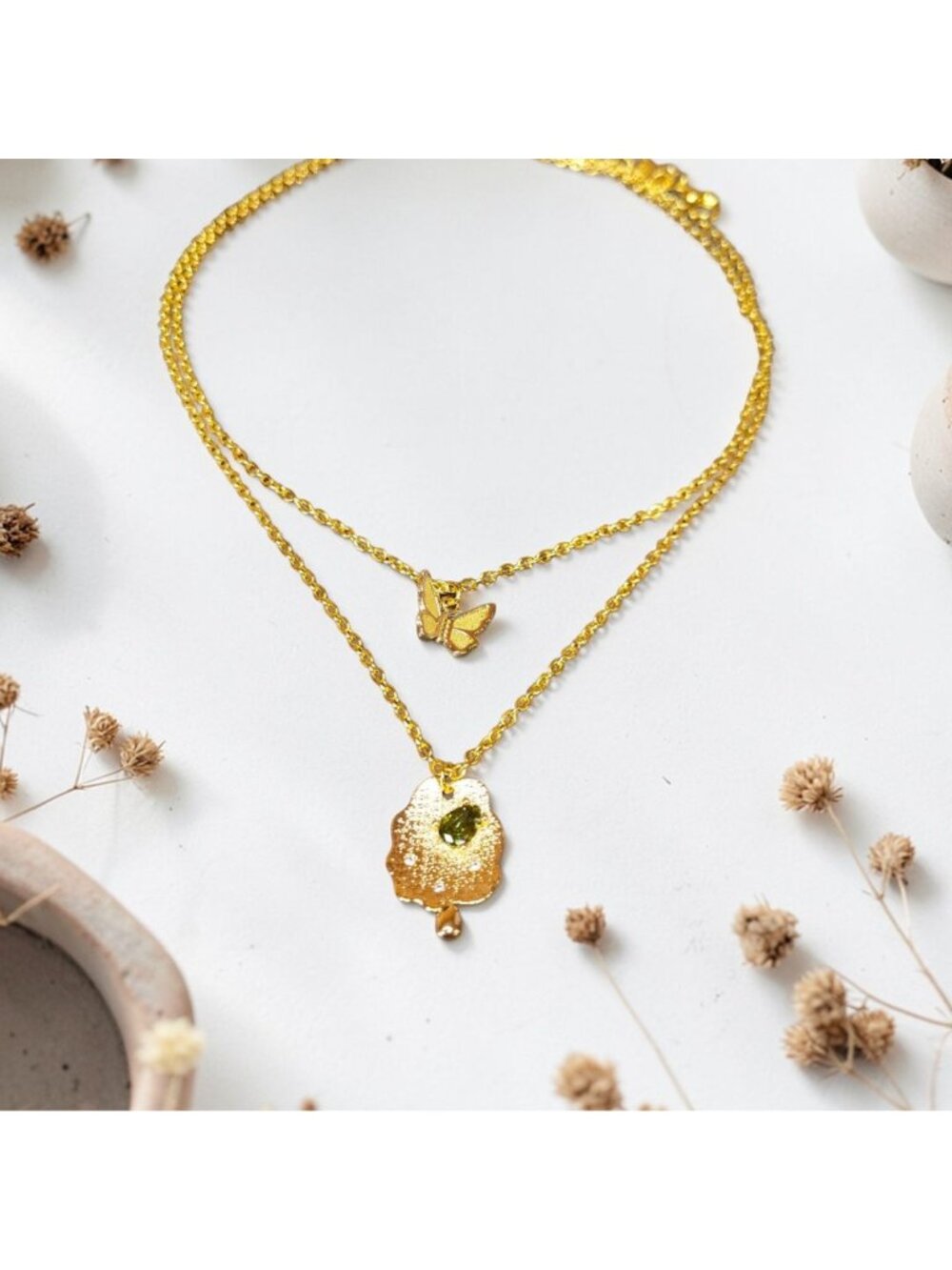 Layered Gold Plated Chain Butterfly Necklace Cloud Waterdrop Pendant Peridot Gem